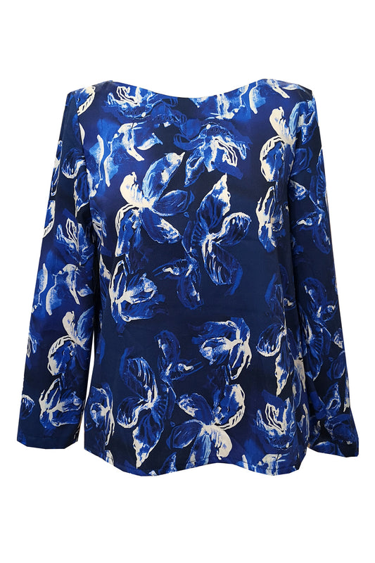 Langarm Bluse tintenblau mit Blumen CLARA KAESDORF
