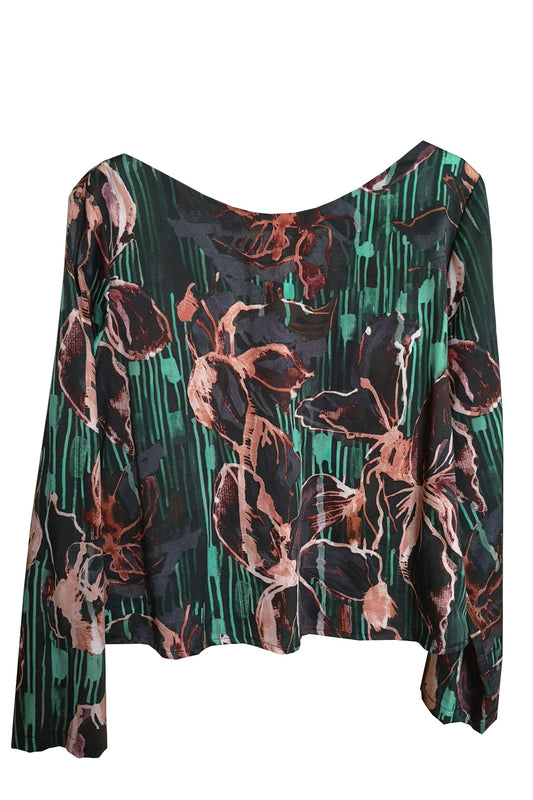 Bluse Uboot Orangene Blumen auf grünem Hintergrund