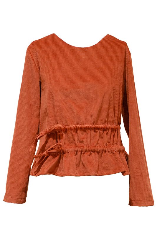 Rote Cordbluse geraffte Taille