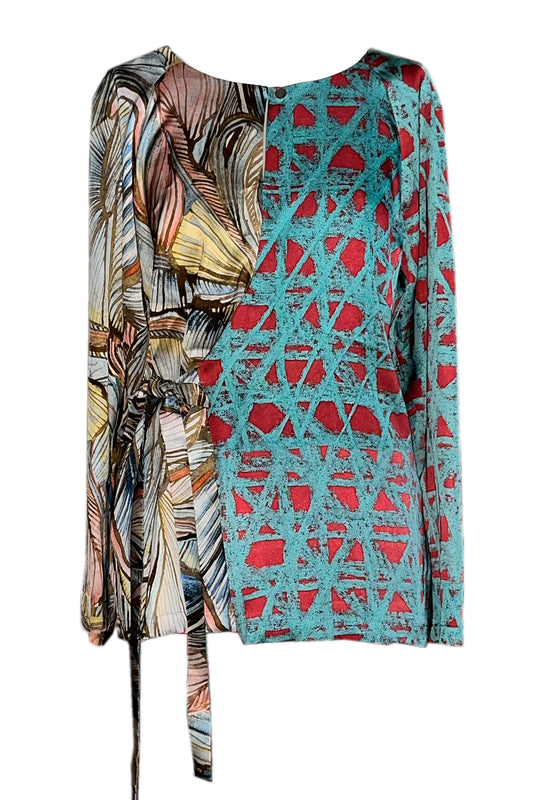 Wickelbluse pastell blau gelb gemustert