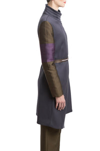 Wool Coat in Grey with Green and Purple Sleeves