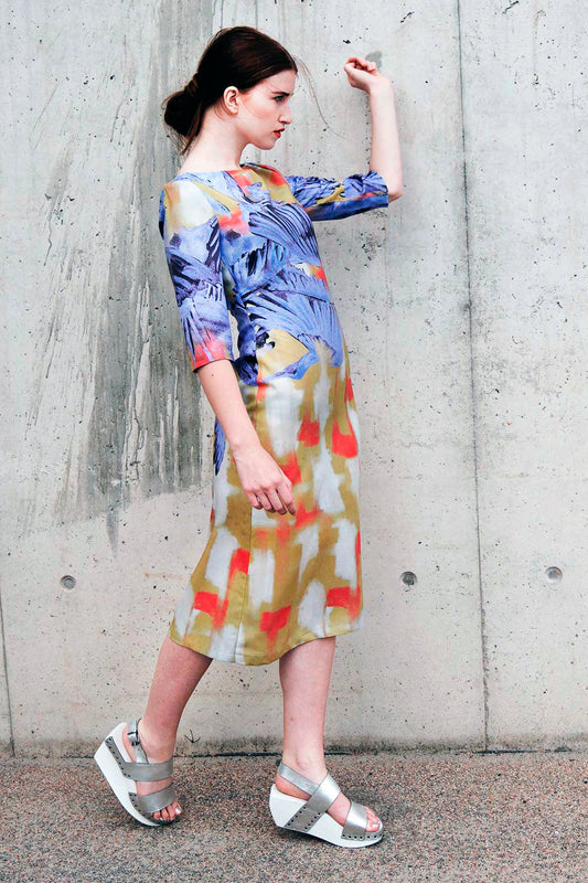 Shift dress Yellow Blue Bird Print