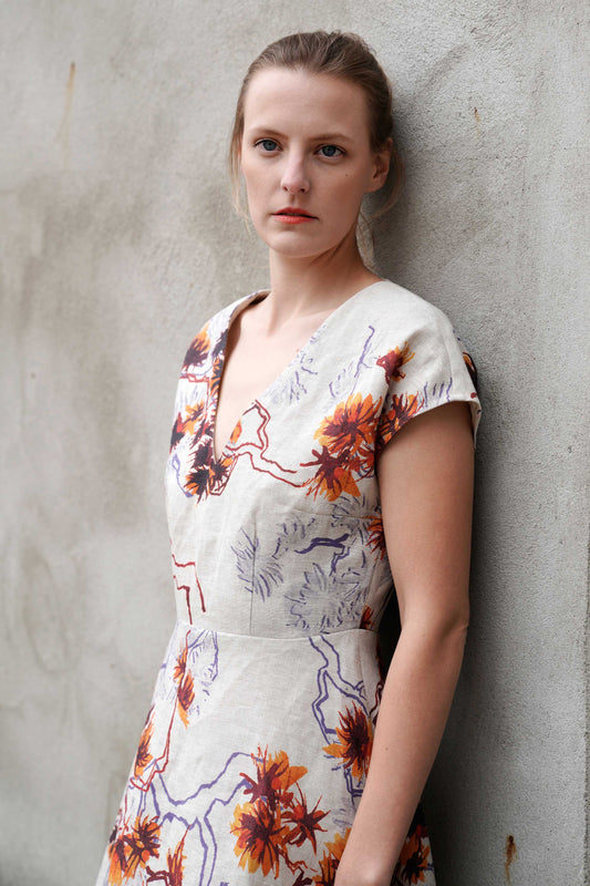 Elegant Floral Linen Dress with Flared Skirt