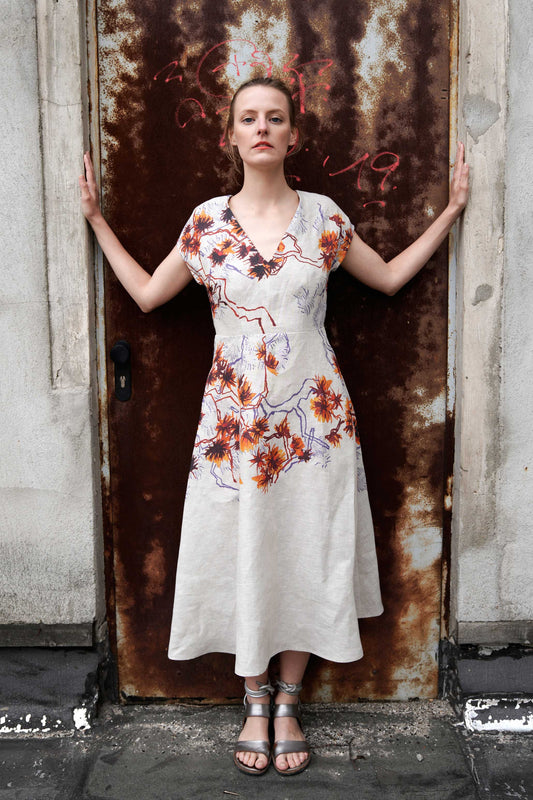 Elegant Floral Linen Dress with Flared Skirt