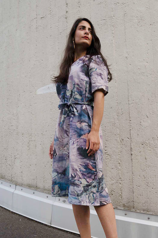 Kleid mit Fischmuster in Petrol Leinen Midi CLARA KAESDORF