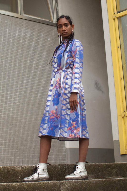 Midi Dress waisted with blue grafic print CLARA KAESDORF