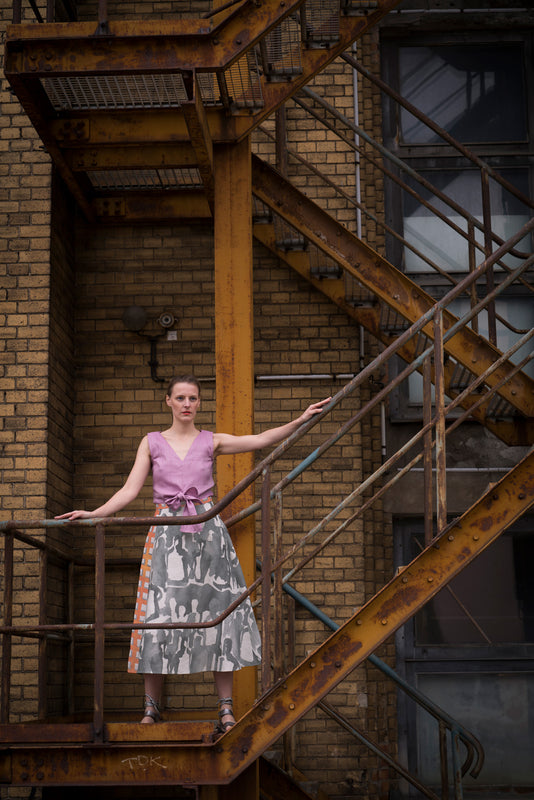 wide a line linen skirt with grey print and orange check