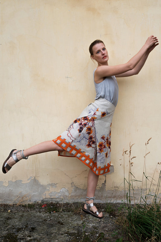 Linen Skirt Blossoms Orange