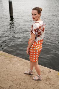 orange check pattern pencil skirt