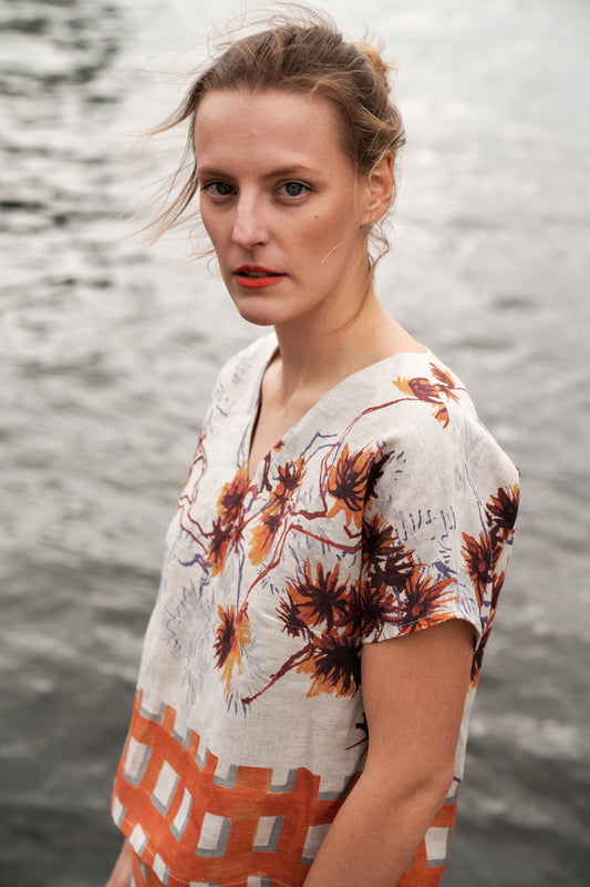 Linen Shirt with Orange Print