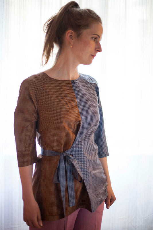 Checked Wrap Blouse Silk Size S and XXL
