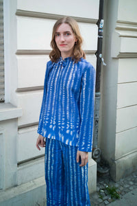 blue patterned shirt with collar detailing by Clara Kaesdorf