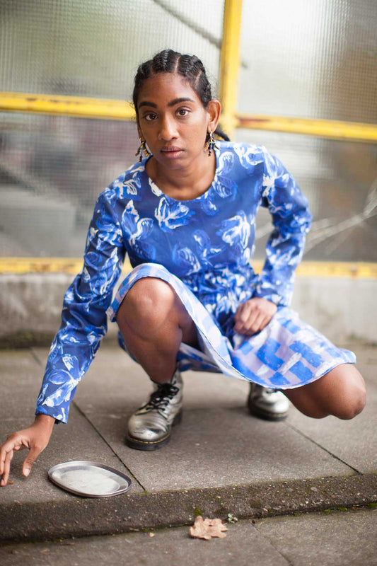 Blue Patterned Dress with Drawstrings