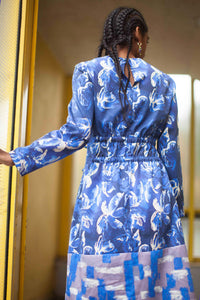 Blue Patterned Dress with Drawstrings