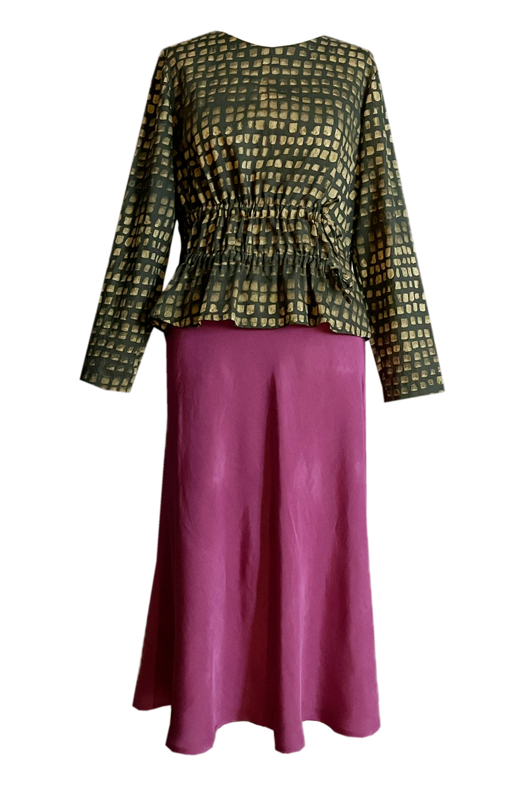 Bluse geraffte Taille grün gold gemustert