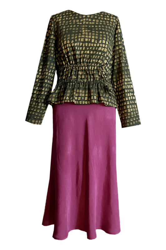 Bluse geraffte Taille grün gold gemustert