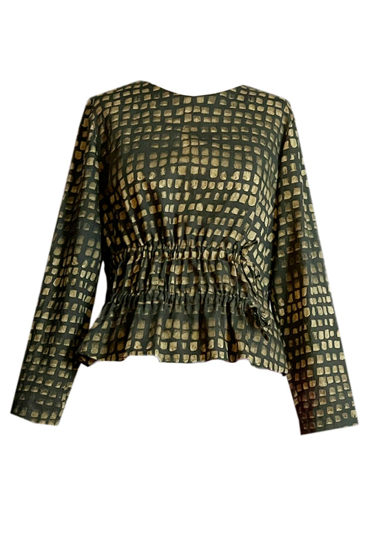 Bluse geraffte Taille grün gold gemustert