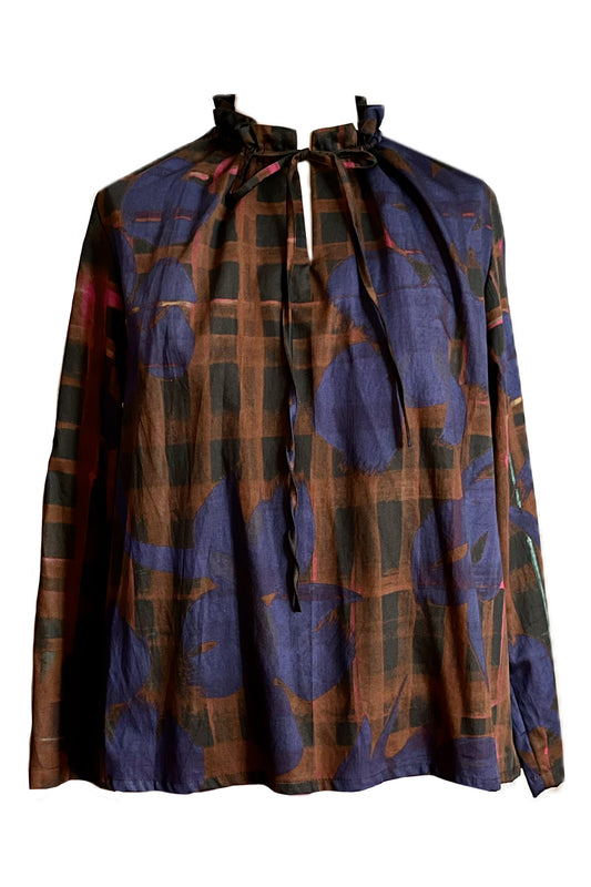 Bluse dunkelbraun geraffter Kragen