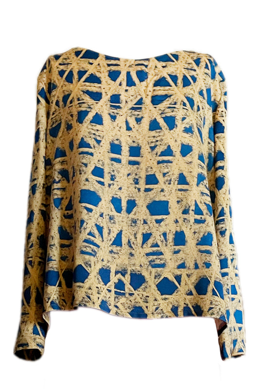Langarm Bluse schlicht blau gelb gemustert