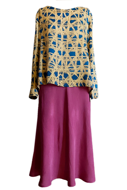 Langarm Bluse schlicht blau gelb gemustert