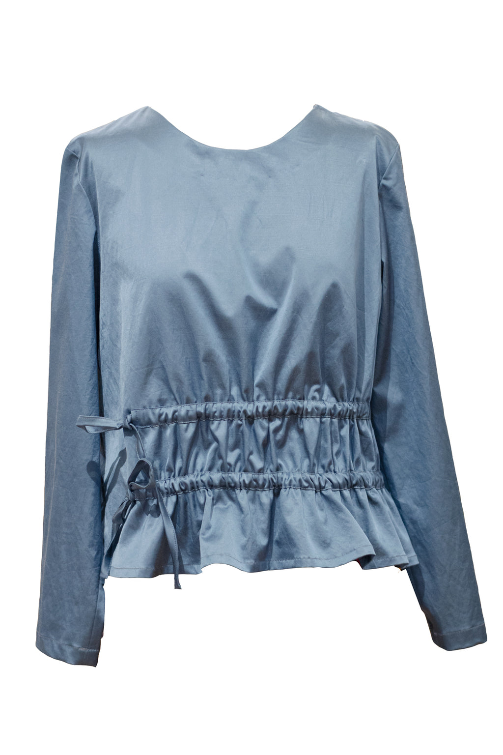 Bluse geraffte Taille glänzender hellblauer Satin
