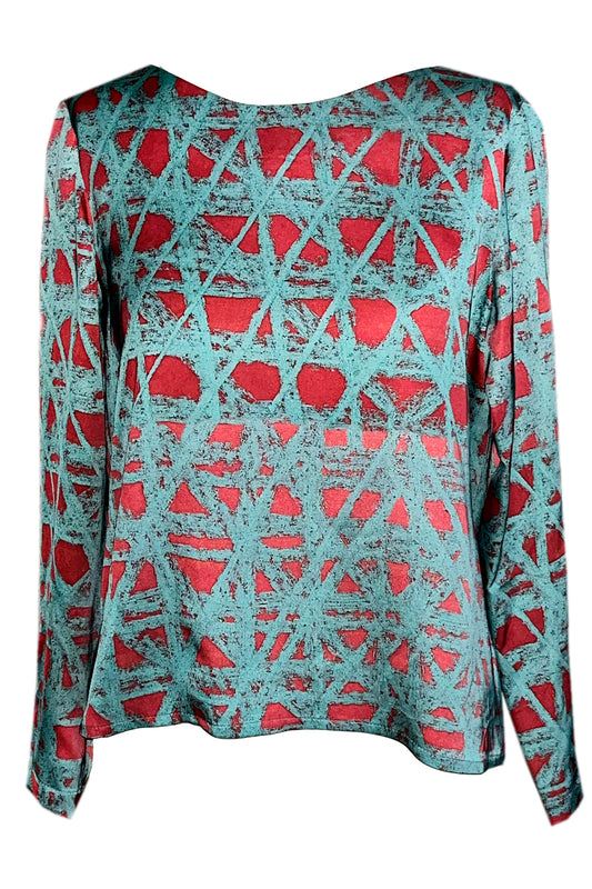 Langarm Bluse schlicht rot mint gemustert