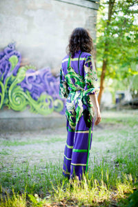 Bluse geraffter Kragen lila grüne Malerei