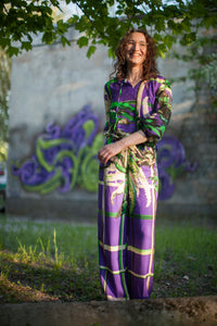 Bluse geraffter Kragen lila grüne Malerei