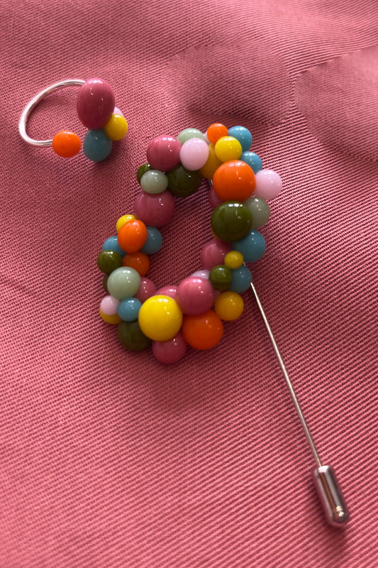 Ohrringe, Brosche, Ring bunte Tropfen mit Gelb - BEIRA