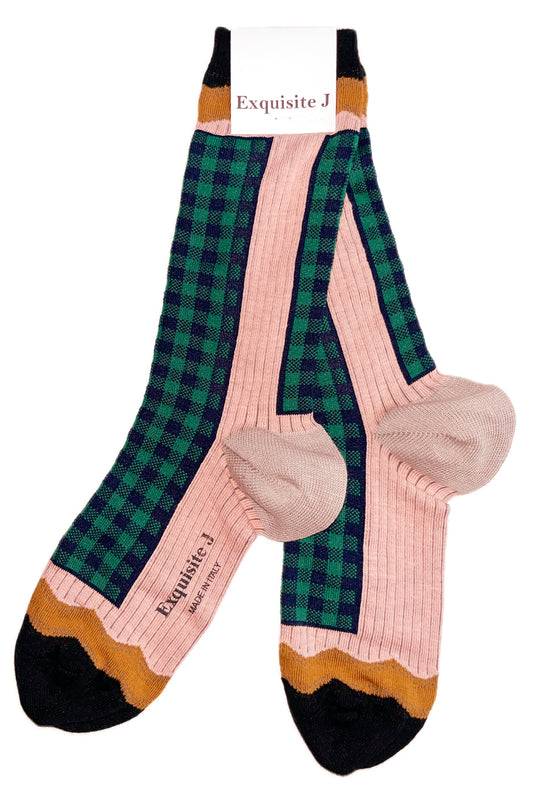 Grün karierte Socken mit rosa Exquisite J