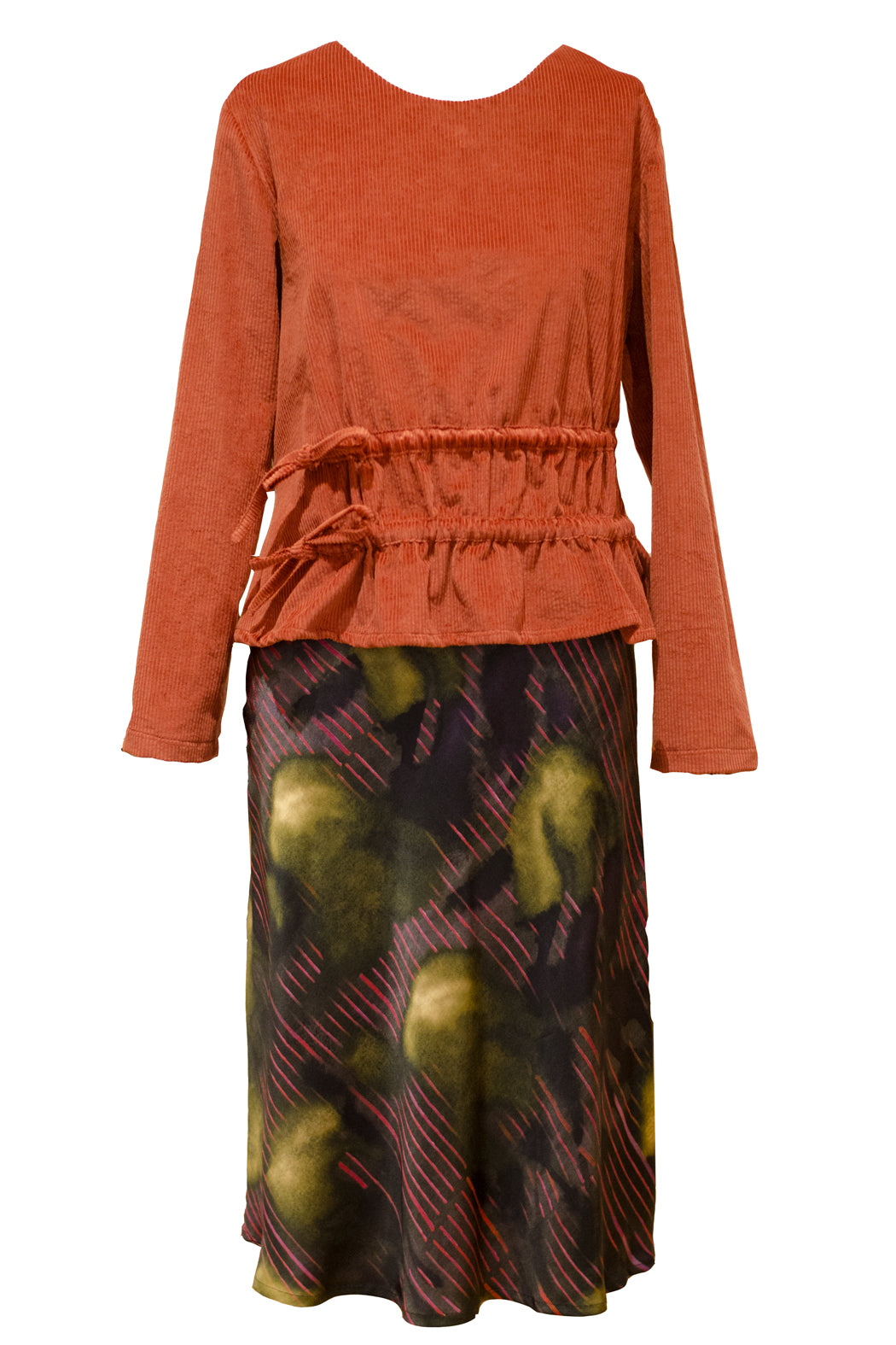 Rote Cordbluse geraffte Taille
