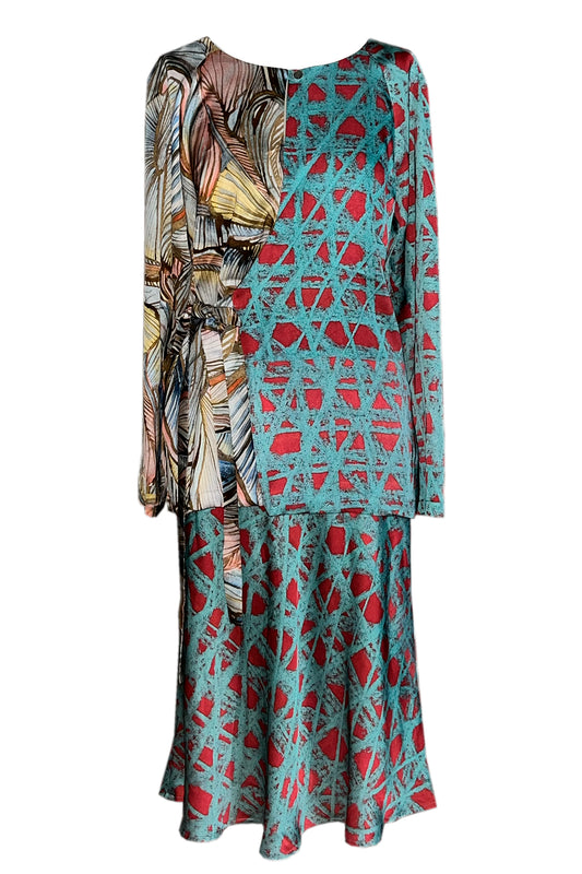 Wickelbluse pastell blau gelb gemustert