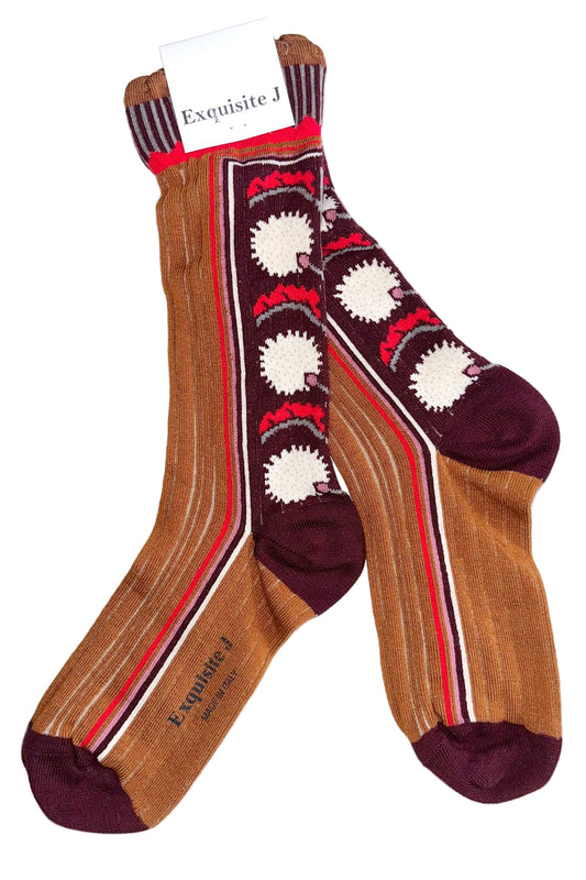Socken mit Pflanzenmuster braun dunkelrot Exquisite J