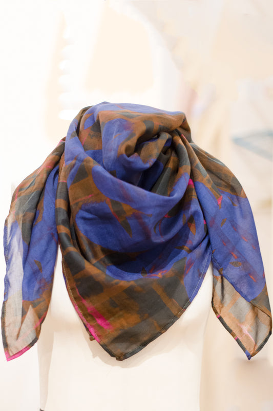 Scarf Dark Check Flowers Blue