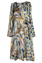 Laden Sie das Bild in den Galerie-Viewer, Wickelkleid pastell blau gelb gemustert