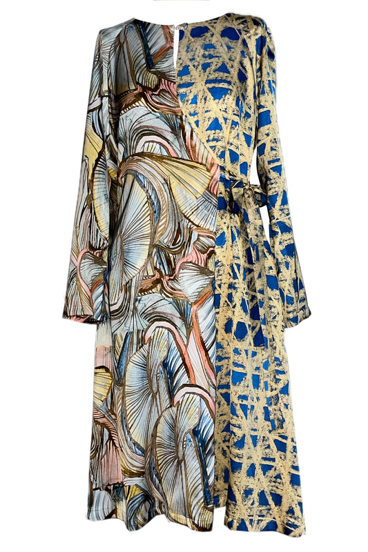 Wickelkleid pastell blau gelb gemustert