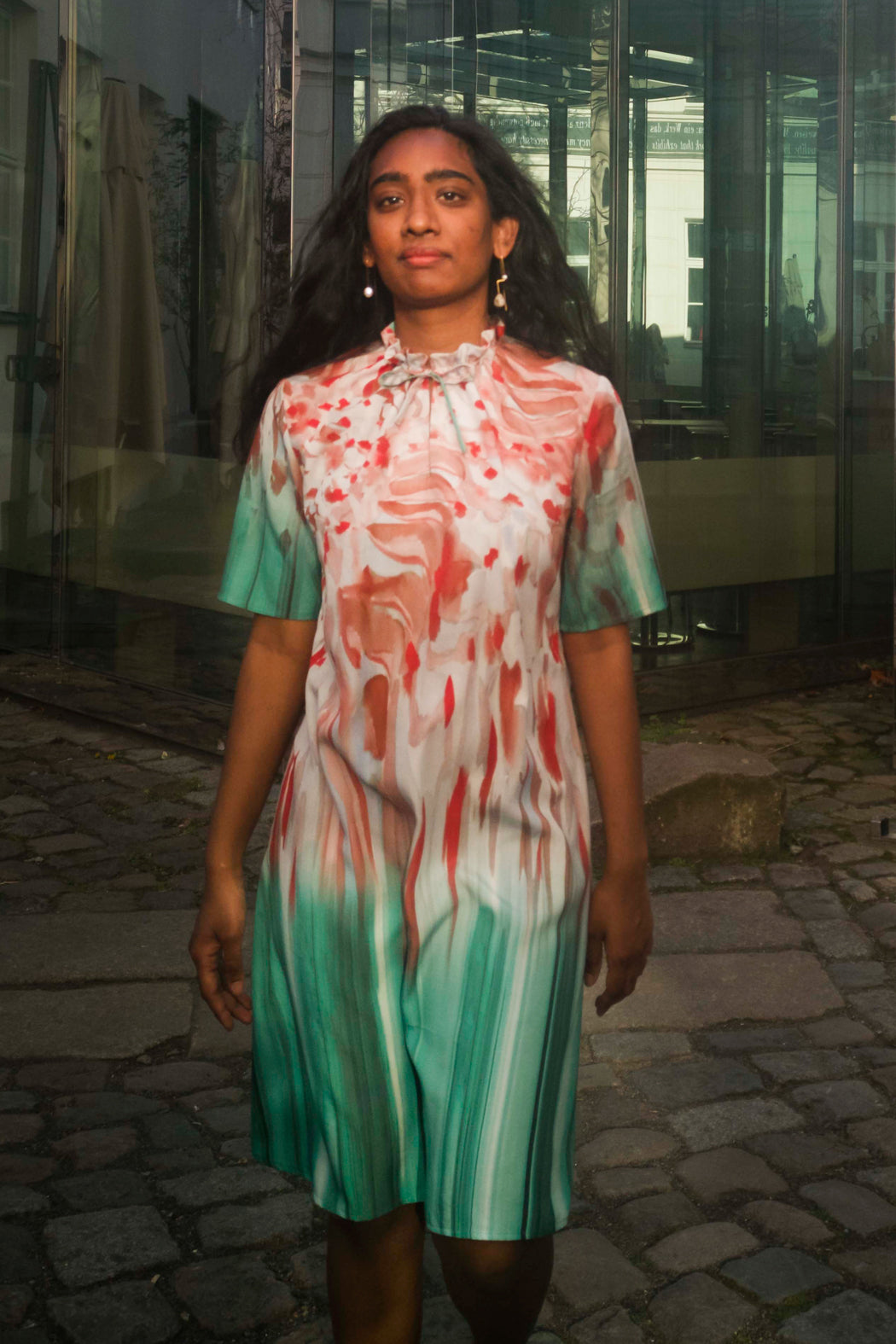 summer dress with red green gradient print