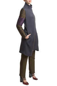 Wool Coat in Grey with Green and Purple Sleeves