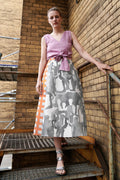 Flared Midi Linen Skirt with grey and orange aquarelle print