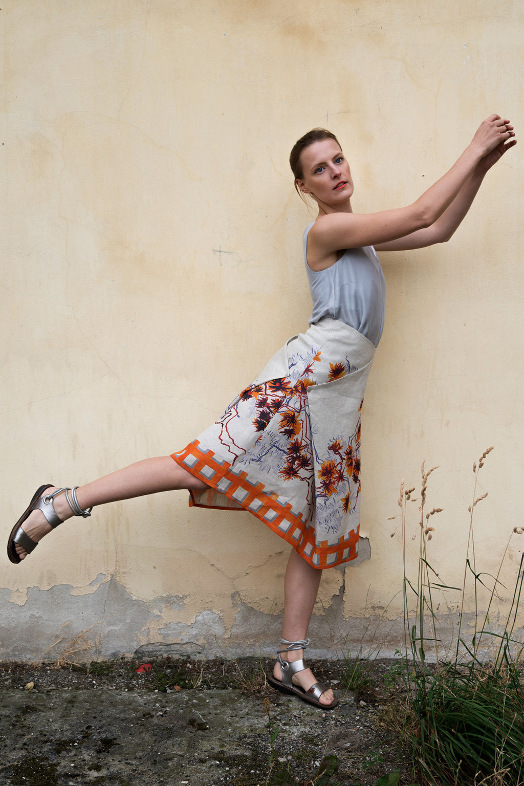 Linen Skirt Blossoms Orange
