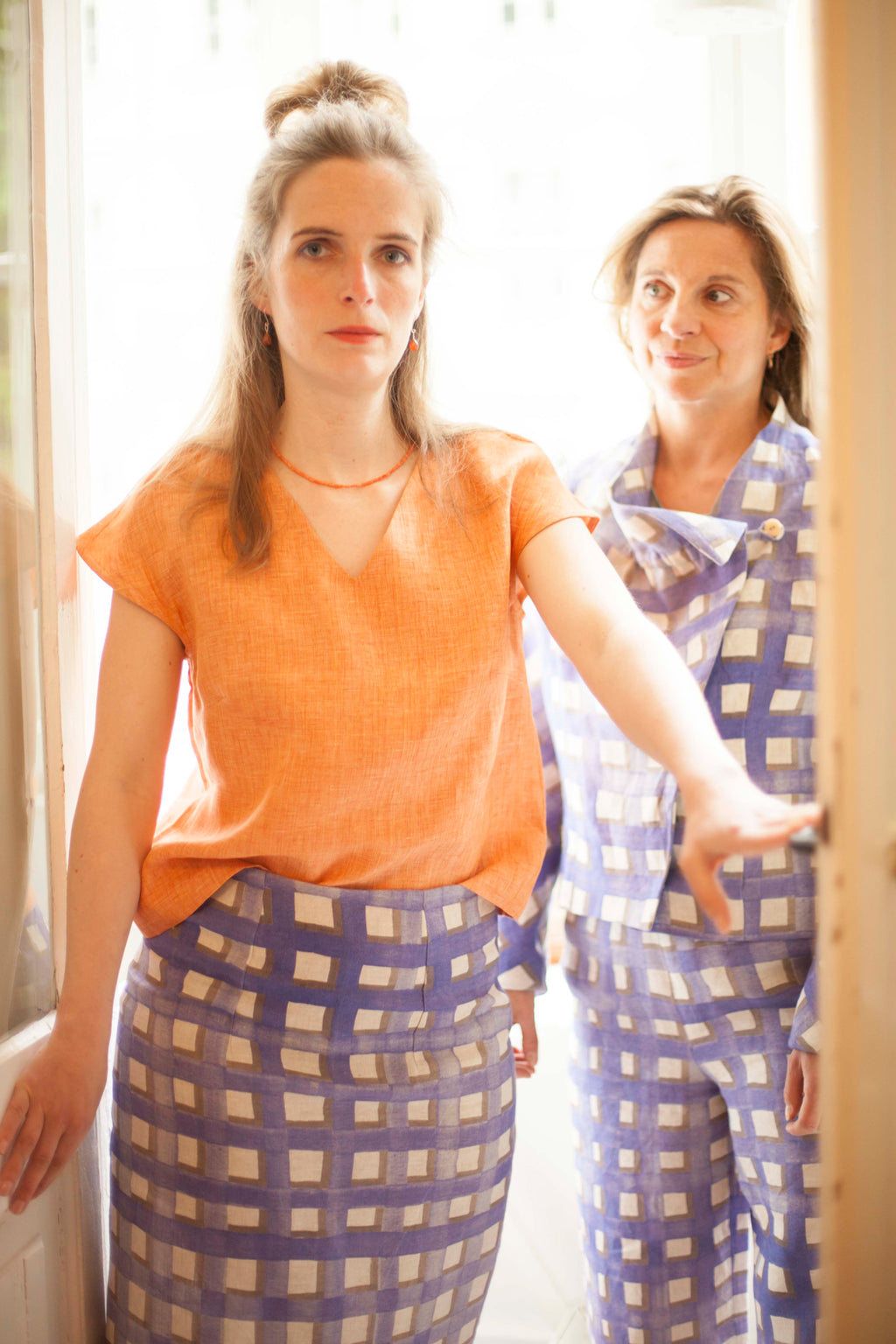 slim pencil skirt with blue check