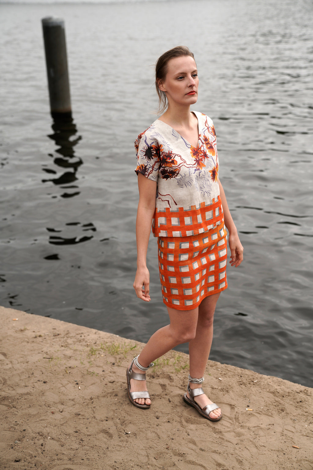 Orange Checked pencil skirt linen