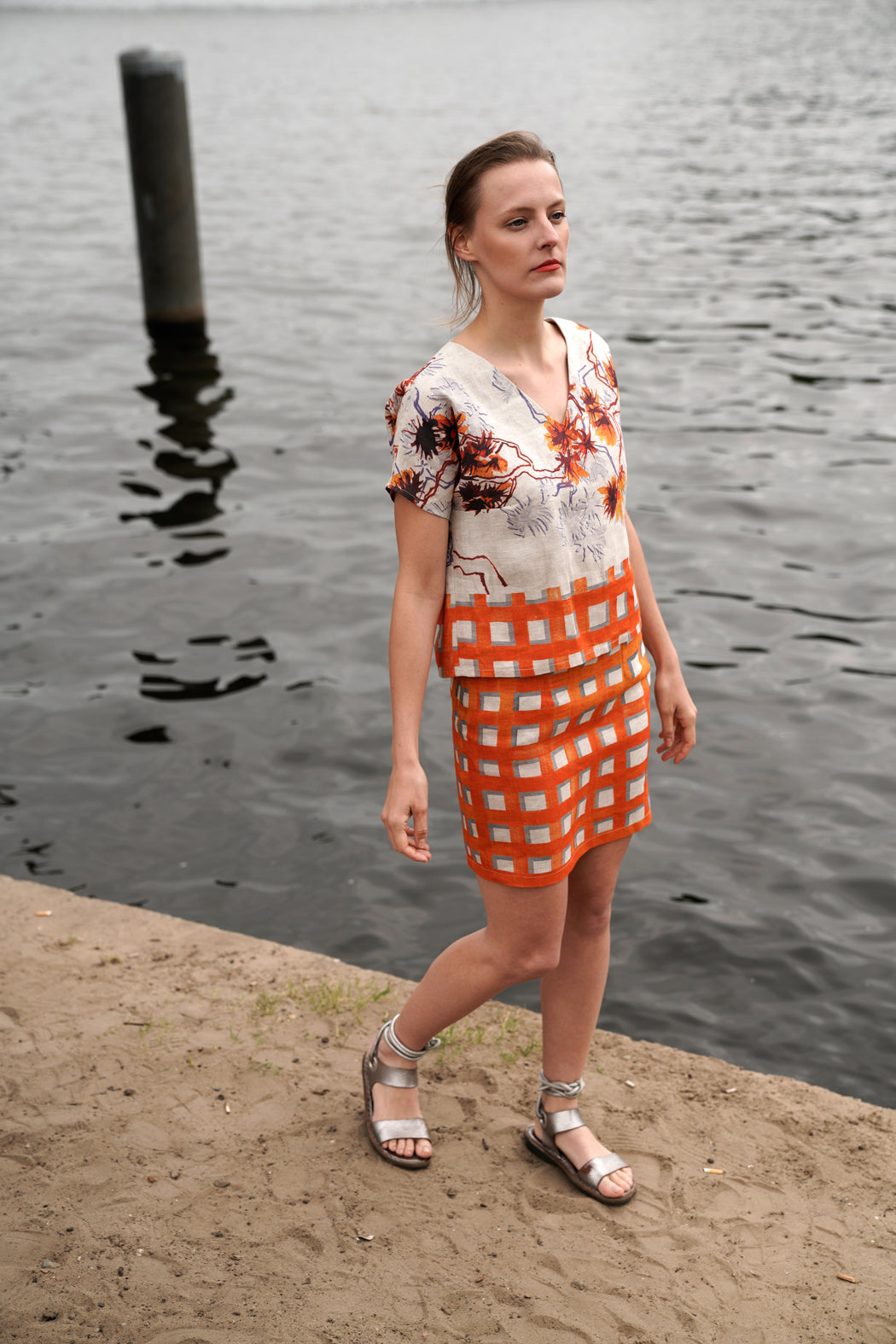 Orange Checked pencil skirt linen