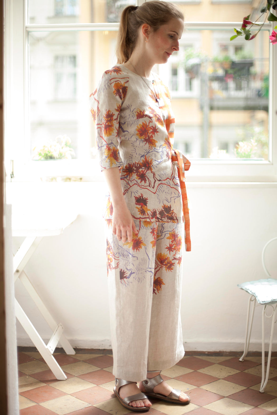 Linen Culottes with orange floral print