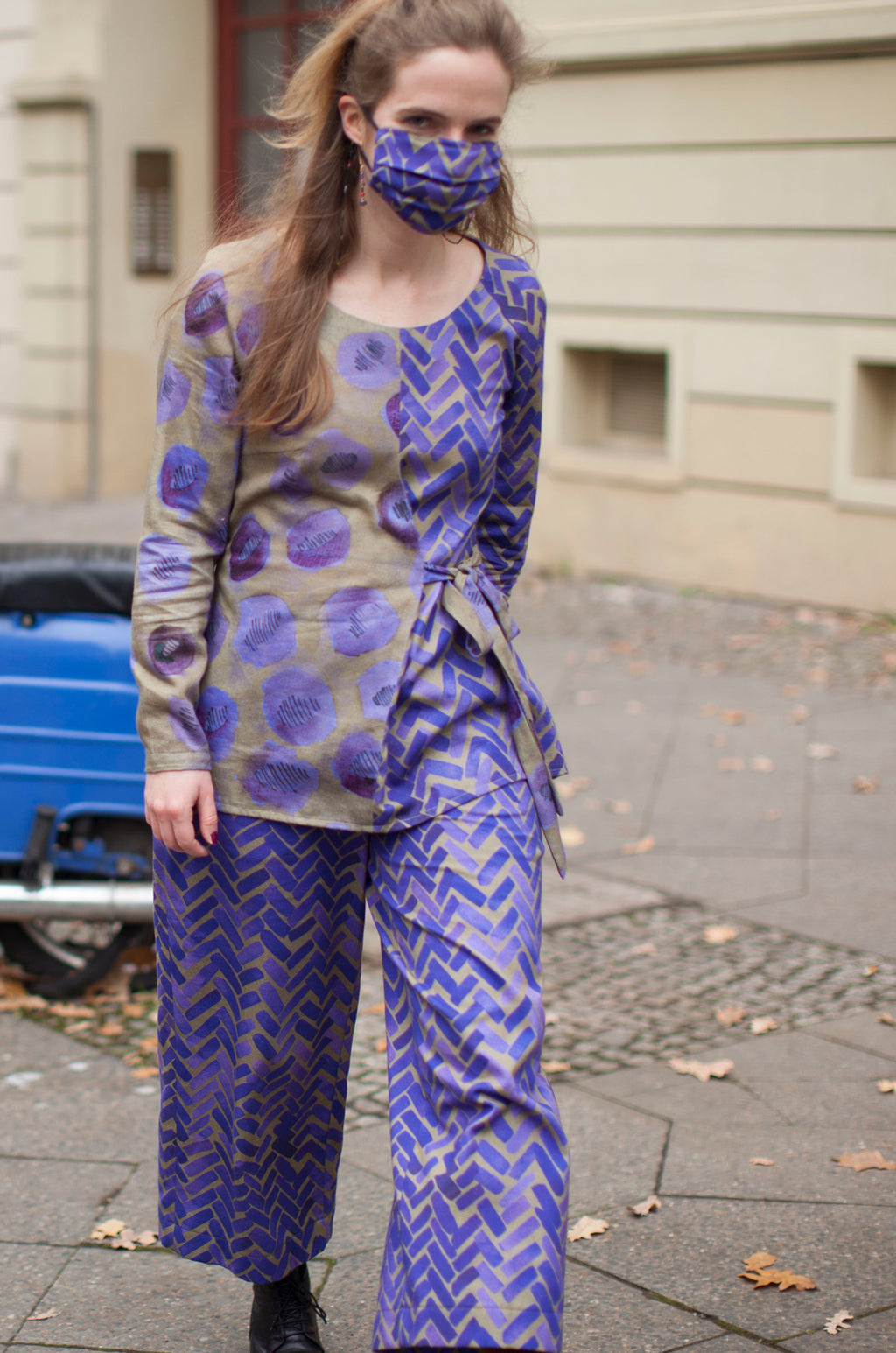wide leg pants with purple herringbone print