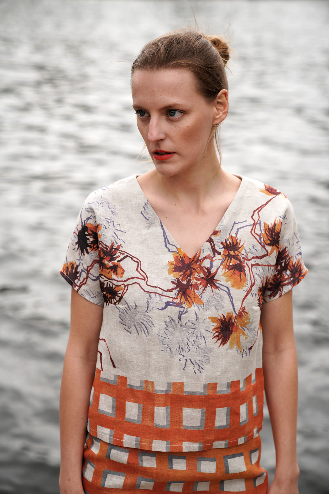 Linen Shirt with Orange Print