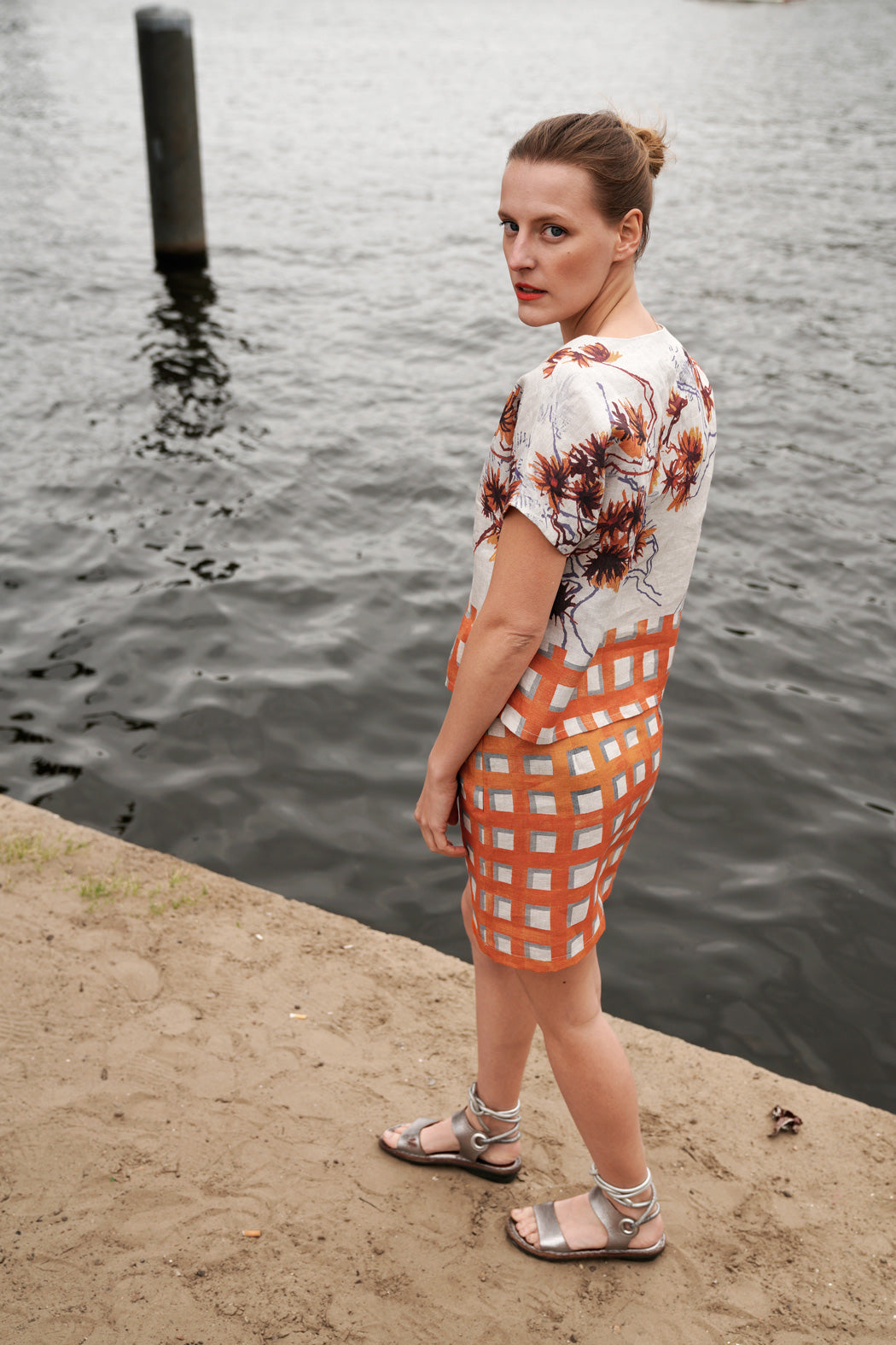 Linen Shirt with Orange Print