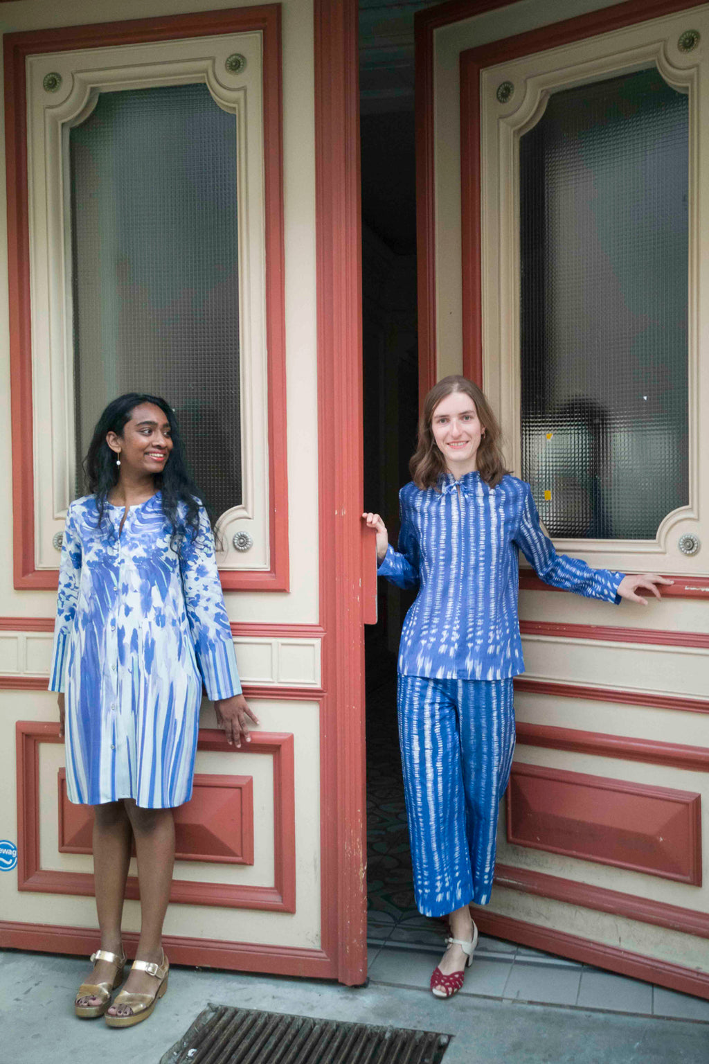 blue printed blouse with gathered collar