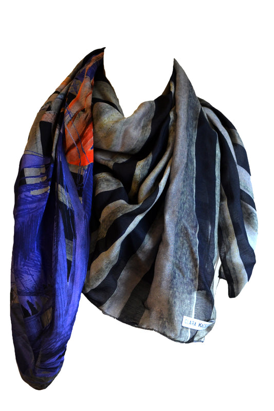 Printed Scarf Stripes and Creatures in Blue and Red