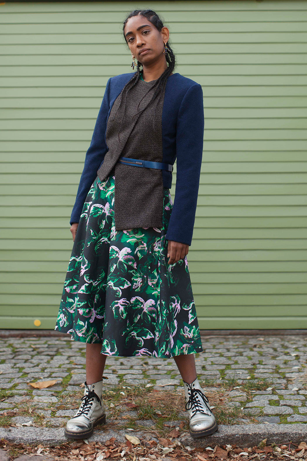 flared green pink printed skirt